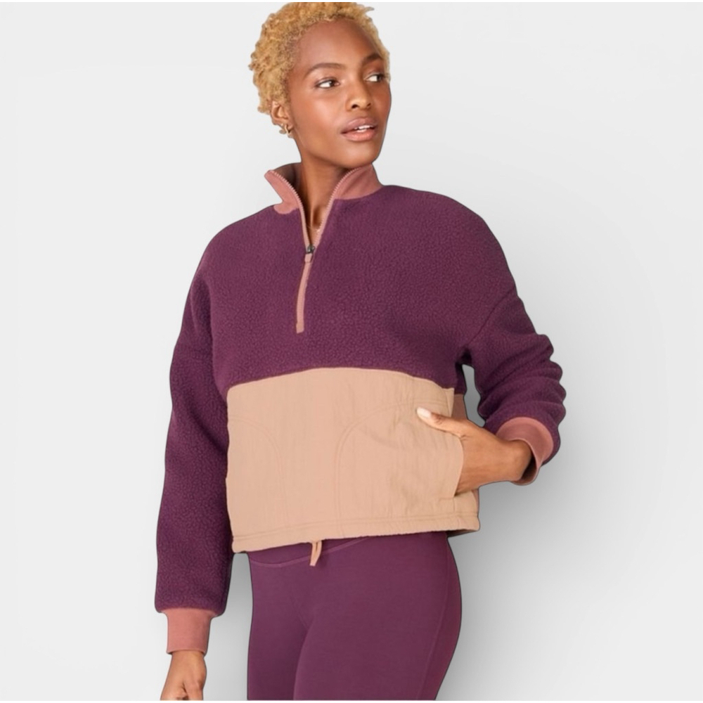 FABLETICS Mallory Fleece Half Zip Maroon and Beige Pullover, Size M
